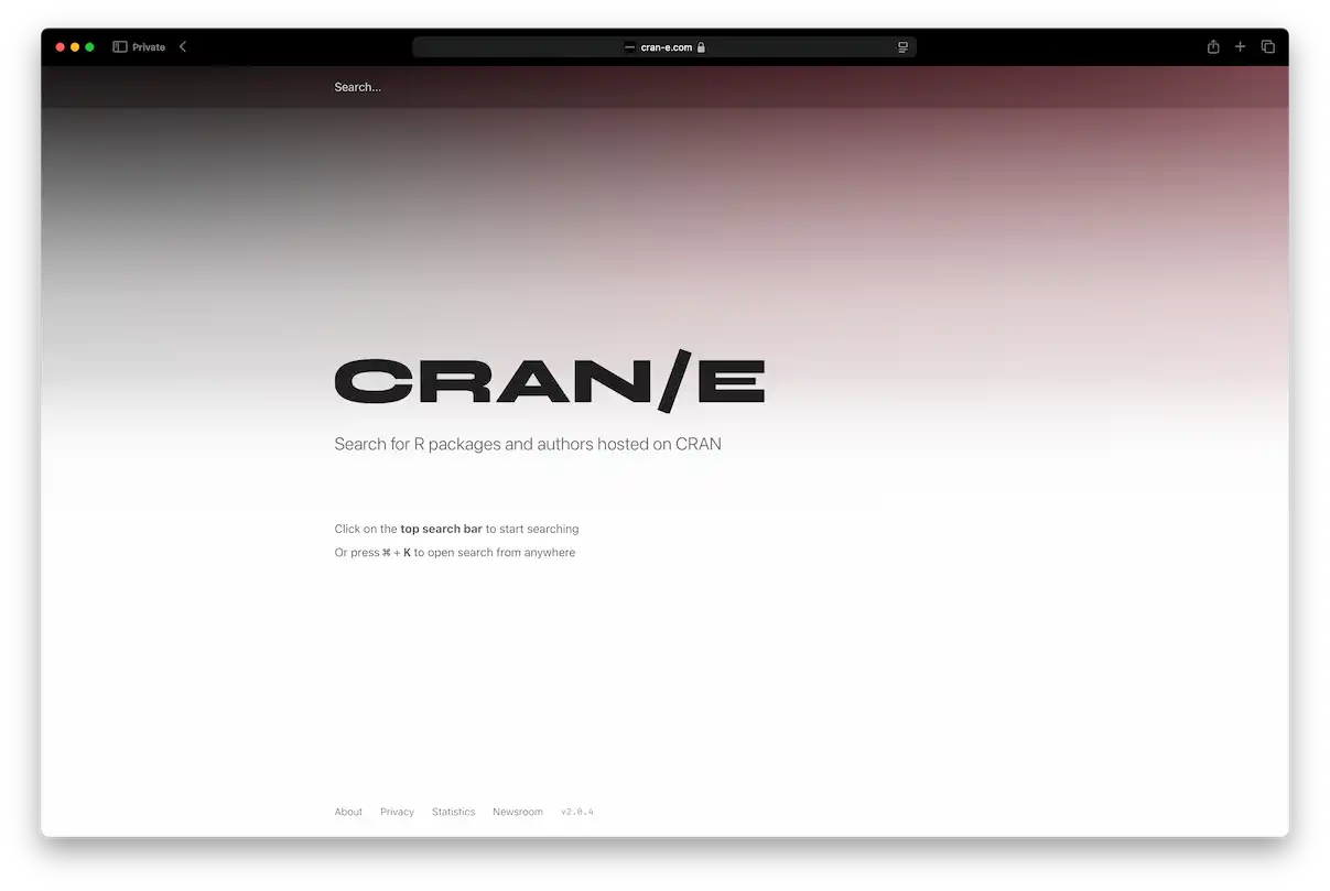 Screenshot of the CRAN/E 2.0 start page