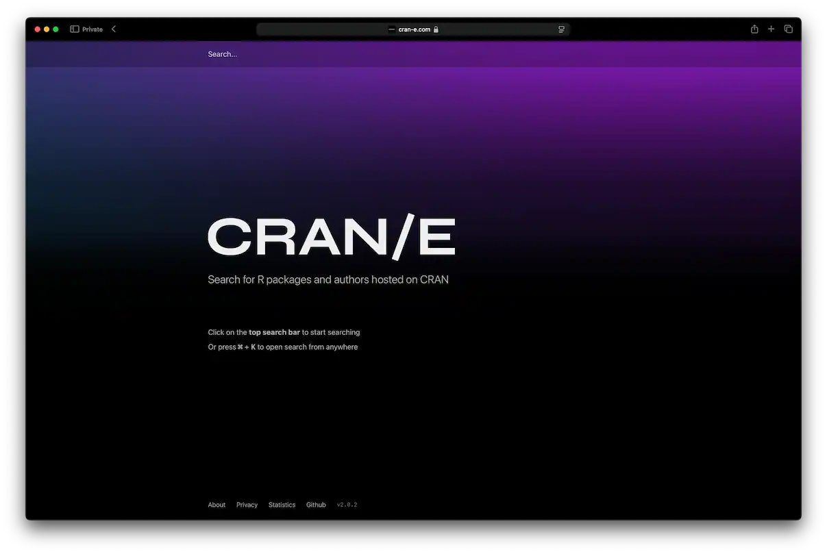 Screenshot of the CRAN/E 2.0 start page